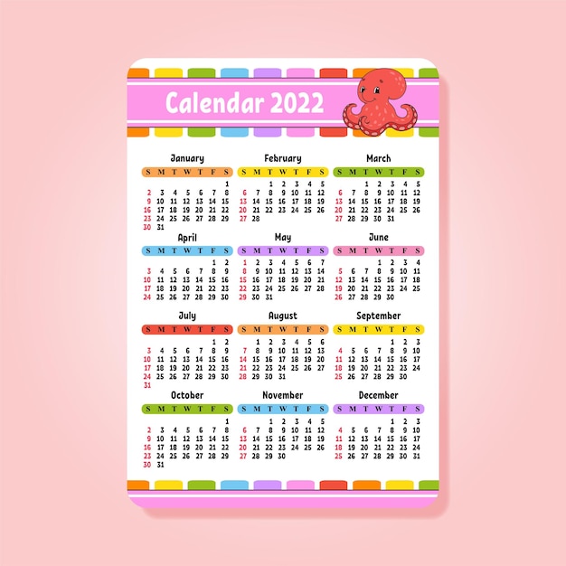 Kalender für 2022 mit niedlichem charakter lustiges und helles design isolierte farbvektorillustration