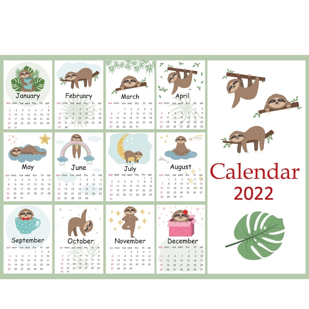Kalender für 2022 süße faultierfiguren, farbvektorillustration.