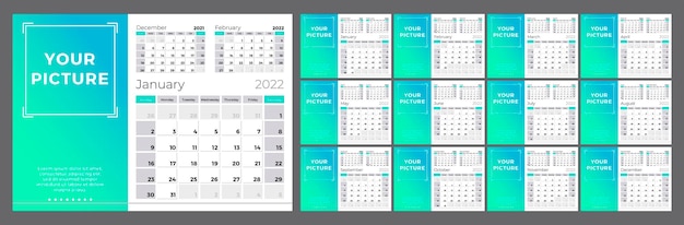 Kalender für 2022 woche beginnt am sonntag 12 seiten vorlage mit platz für foto