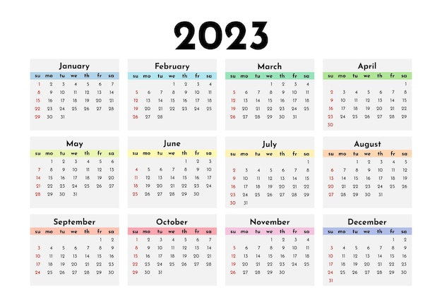 Vektor kalender für 2023 isoliert auf weißem hintergrund