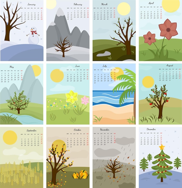 Kalender für 2023 Jahreszeiten in der Natur  Premium Vektor
