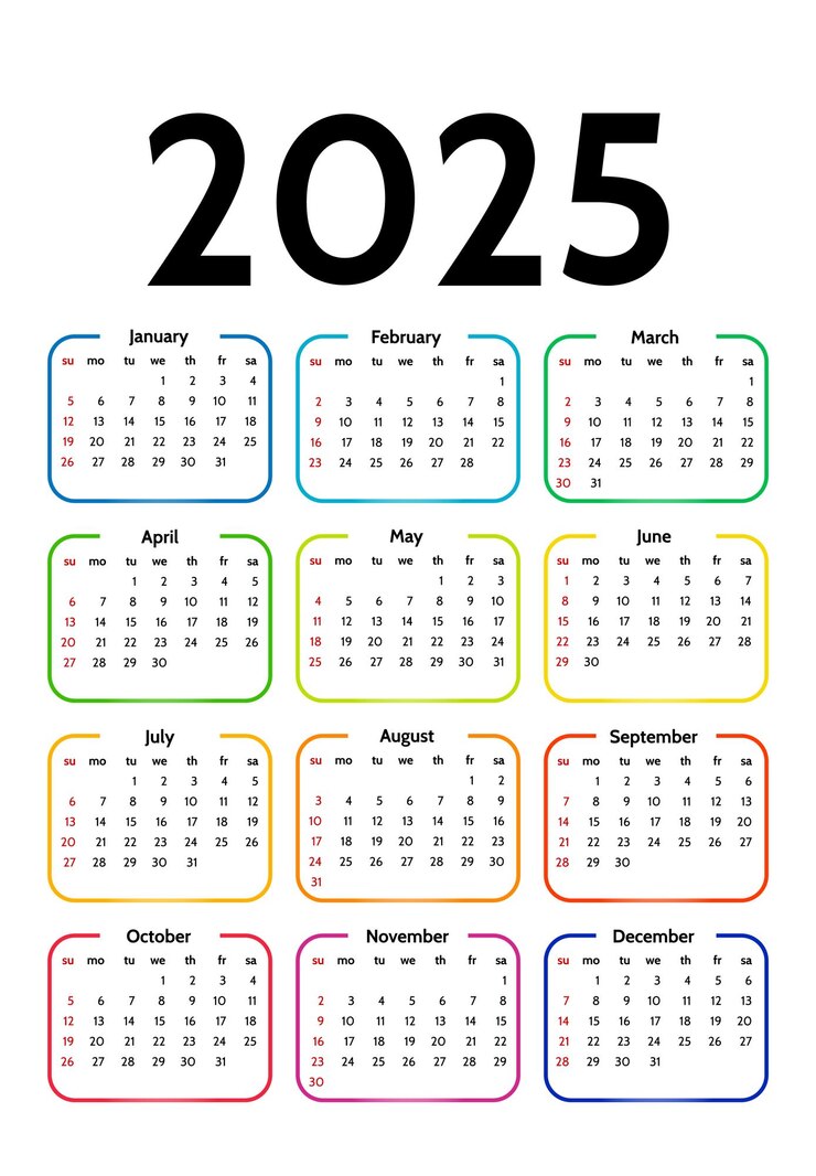 Kalender für 2025 auf weißem Hintergrund