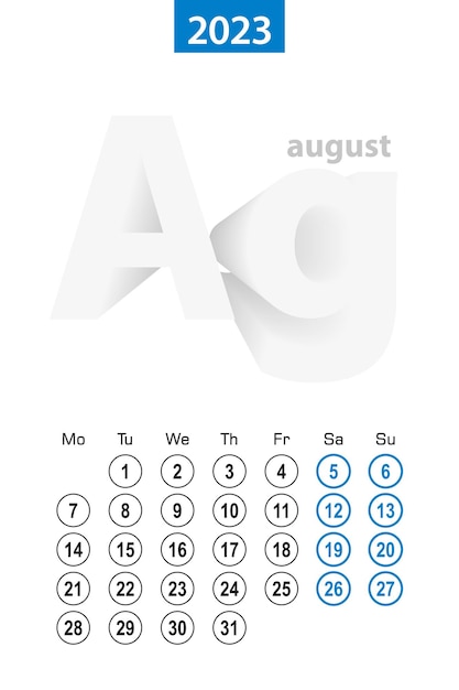 Kalender für august 2023 blaues kreisdesign die englischsprachige woche beginnt am montag