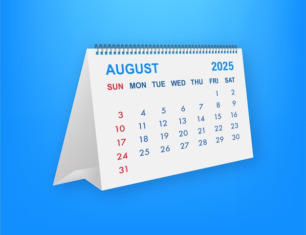 Kalender für August 2025, der alle Tage des Monats auf blauem Hintergrund anzeigt