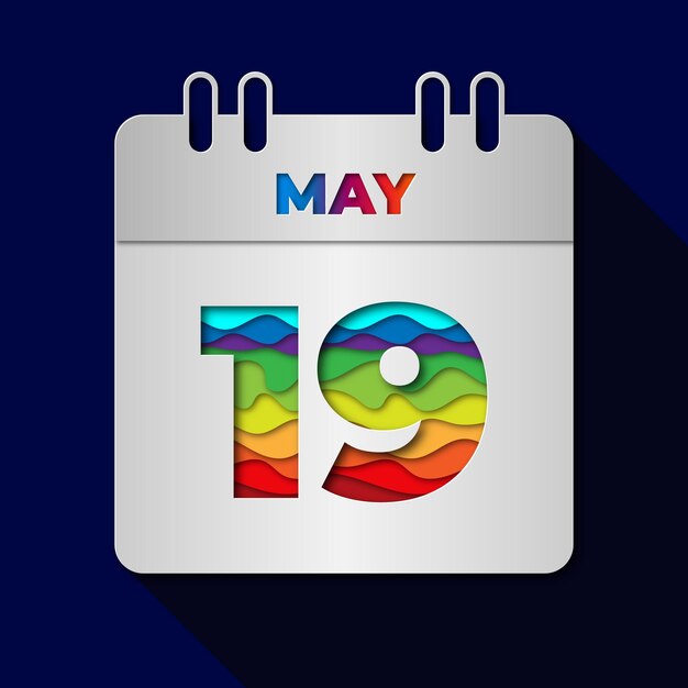 Vektor kalender für das 19. mai mit flachem, minimalem papierschnitt, kunststil und design-illustration