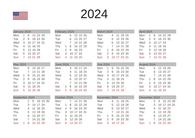 Kalender für das jahr 2024 auf englisch mit feiertagen in den usa