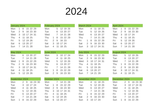 Kalender für das Jahr 2024 auf Englisch