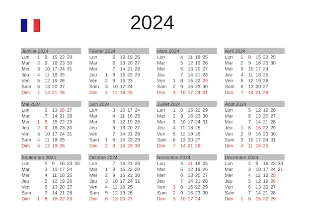 Kalender für das Jahr 2024 auf Französisch mit Feiertagen in Frankreich