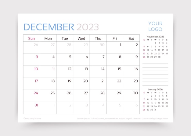 Kalender für dezember 2023 jahr schreibtisch monatsplaner vorlage vektorillustration