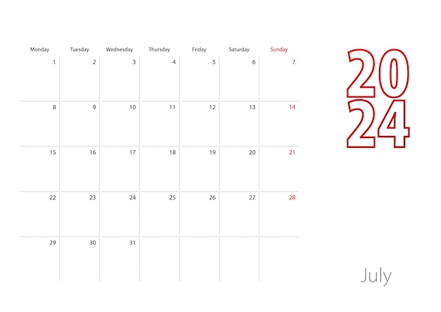 Vektor kalender für juli 2024 in der modernen entwurfsplanervorlage
