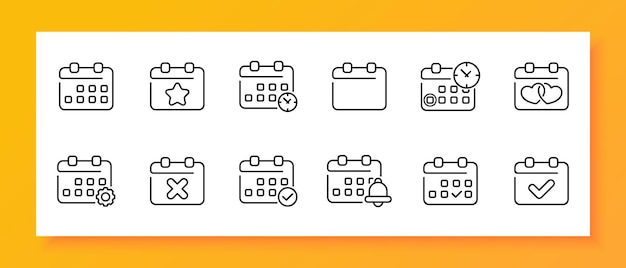 Kalender-ikonensatz organisator stern ausgewählt glocken-timer uhr-getriebe einstellungen schwarz-ikonen auf weißem hintergrund vektor-linien-iconen für geschäft und werbung
