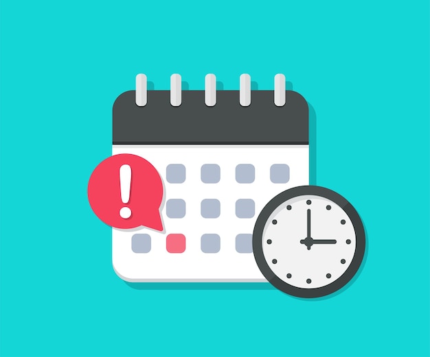 Kalender mit Deadline-Uhr in einem flachen Design. Erinnerung an Veranstaltungsdatum