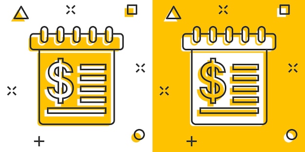 Kalender mit geld-symbol im comic-stil zahlungsplan cartoon-vektor-illustration auf weißem, isoliertem hintergrund finanzüberwachung splash-effekt geschäftskonzept