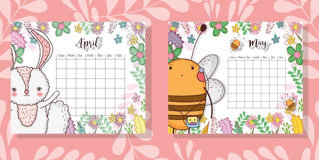 Kalender mit niedlichen tier- und blumenpflanzen