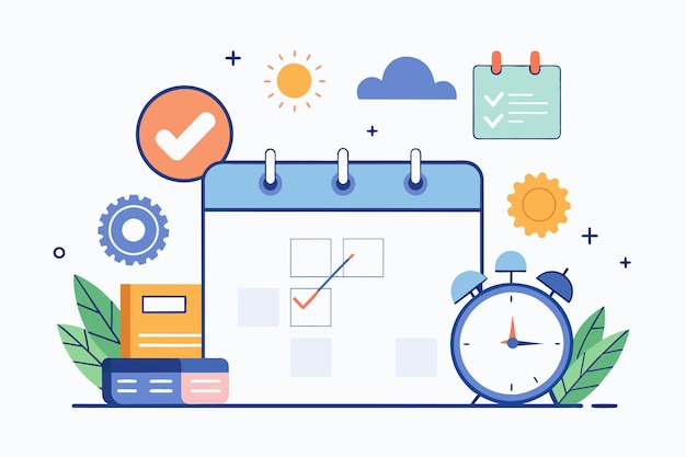 Vektor kalender mit uhr, die die frist anzeigt stapel bücher für das aufgabenmanagement fristenverwaltung arbeit fristen aufgaben fälligkeitsdaten einfache und minimalistische flache vektorillustration