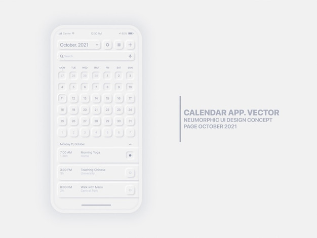 Kalender mobile app seite oktober mit task manager konzeptionelle benutzeroberfläche ux neumorphic design template