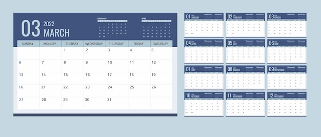 Vektor kalender oder planer 2022 vorlage 12 monate mit dunkelblauem hintergrund