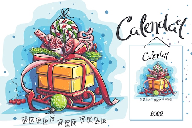 Kalenderabdeckung 2022 die schachtel mit geschenken und pralinen auf einem roten winterschlitten