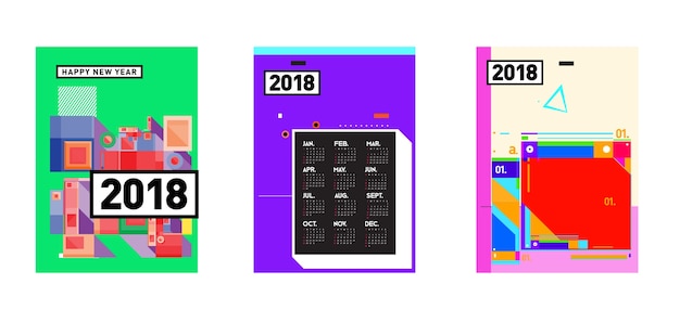 Kalenderabdeckung-schablone des neuen jahres-2018. satz des kalenders und des plakats mit buntem memphis style-hintergrund.