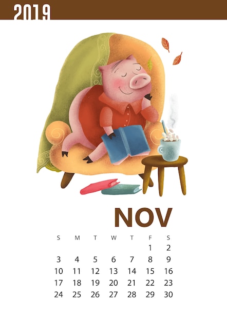 Kalenderillustration des lustigen schweins für november 2019