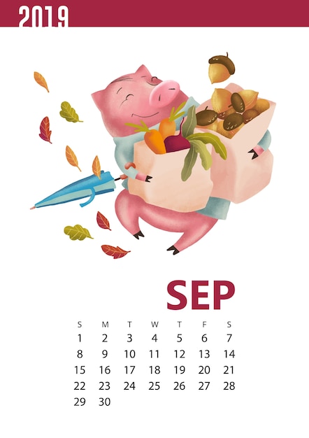 Kalenderillustration des lustigen Schweins für September 2019