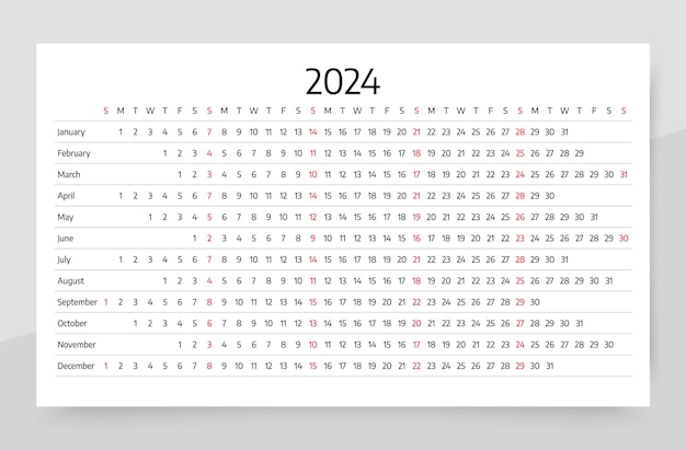 Vektor kalenderjahr 2024 lineare planungsvorlage horizontales jährliches kalenderraster die woche beginnt am sonntag