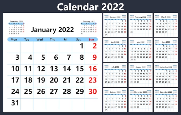 Kalenderplaner für 2022 die woche beginnt am montag vektorillustration