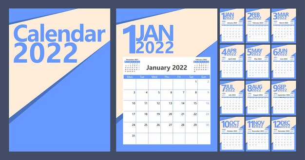 Kalenderplaner für 2022 die woche beginnt am montag vektorillustration