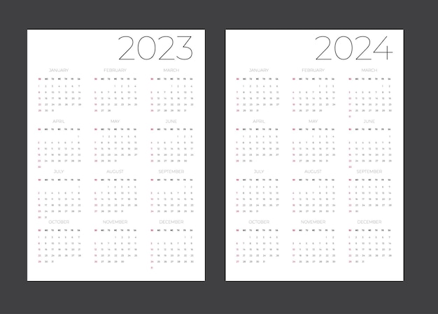 Vektor kalenderraster für 2023 und 2024 jahre einfache vertikale vorlage die woche beginnt am sonntag