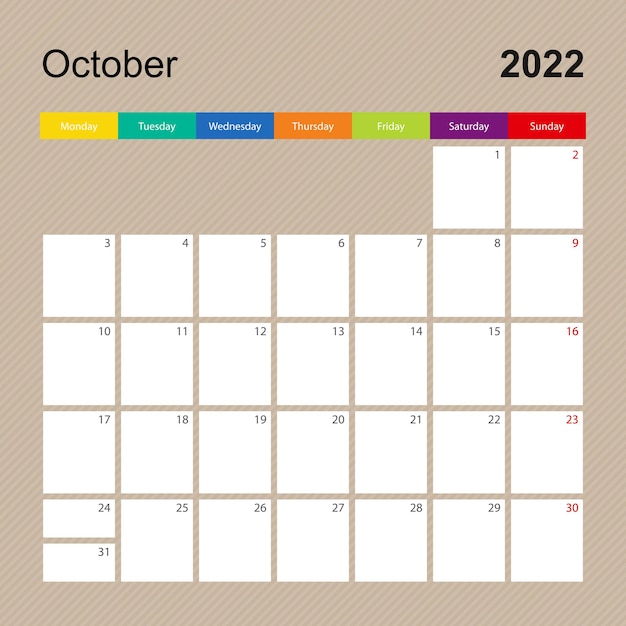 Kalenderseite für oktober 2022, wandplaner mit farbenfrohem design. woche beginnt am montag.