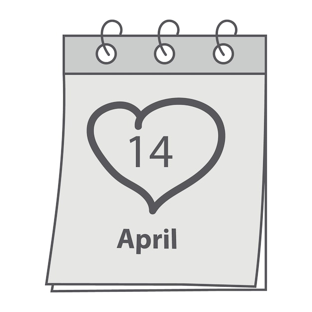 Kalenderseite mit april-datum und herzförmigem schlag schwarzer taggrüße-konzept in graustufe