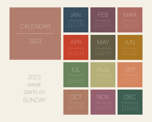 Vektor kalendervorlage für 2023 quadratisches design in natürlichen pastellfarben die woche beginnt am sonntag