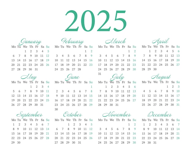 Kalendervorlage für 2025 in englischer Sprache Kalender vorlage 2025