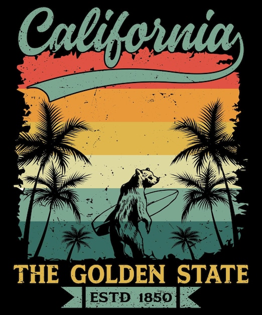 Vektor kalifornien der golden state beach palme sonnenuntergang stil retro-vintage-t-shirt-design-vektor