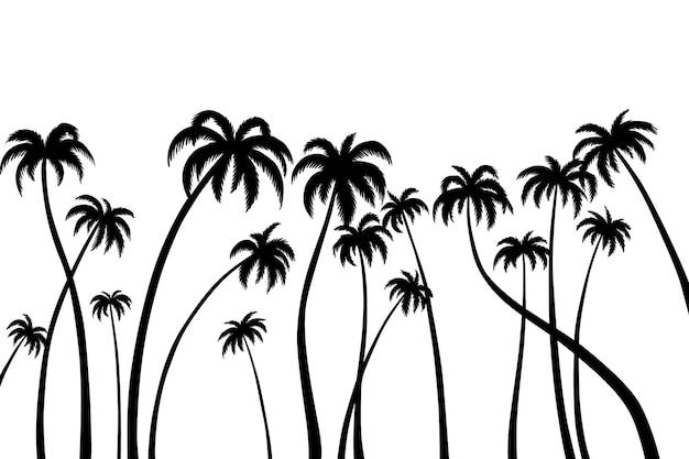 Kalifornien-silhouette der palmenlandschaft tapete mit schwarzen bäumen naturpanorama des malerischen tropischen waldes vektorillustration