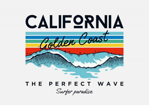Kalifornien-strandtypographie-slogantext mit wellenillustrationen.