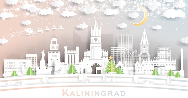 Kaliningrad Russland City Skyline im Papierschnitt-Stil mit Schneeflocken-Mond und Neon-Girlande