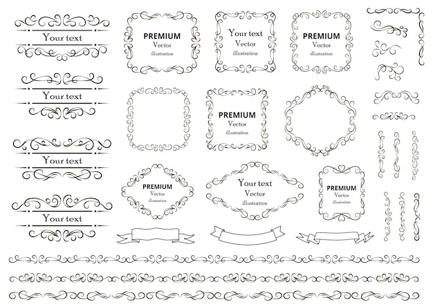 Vektor kalligrafische gestaltungselemente dekorative strudel oder schriftrollen vintage-rahmen gedeihen etiketten