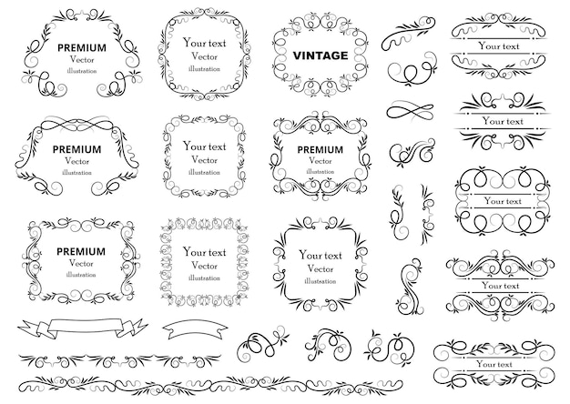 Kalligrafische Gestaltungselemente Dekorative Strudel oder Schriftrollen Vintage-Rahmen gedeihen Etiketten