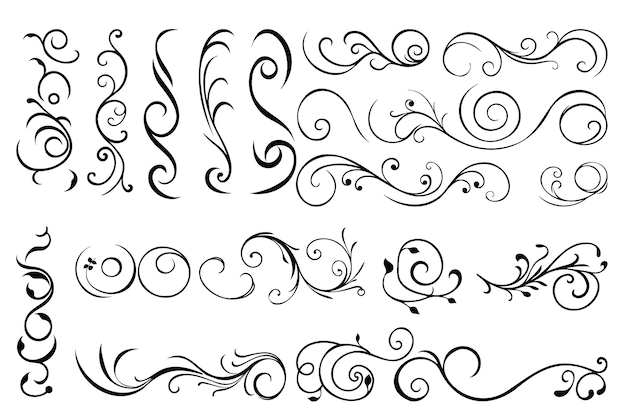 Kalligrafisches Set mit floraler Eleganz und kunstvollen dekorativen Schriftzügen und Grafiken