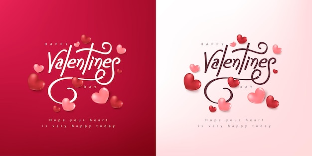 Kalligraphie von happy valentines day mit festlichen herzförmigen dekorationen elemente