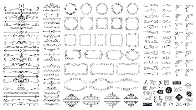 Kalligraphische elemente der weinlese. zierrahmen, schnörkeltrenner, bordüren. schöne wirbel, mit motiven und schriftrollen verzierte waschbecken. kreis-, quadratische und rechteckige rahmen für kartenvektor