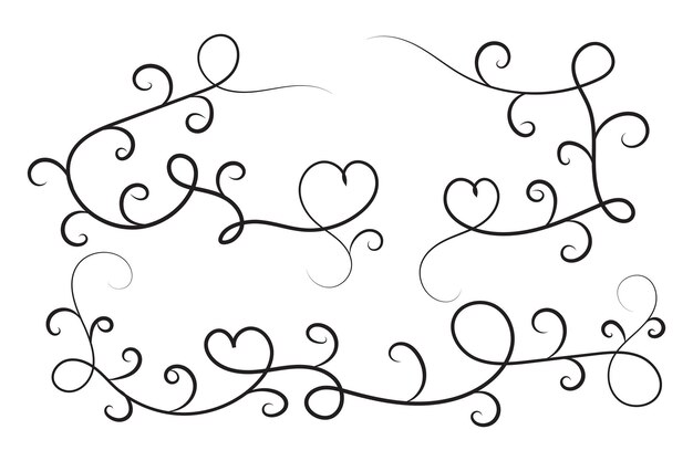 Vektor kalligraphische herz-fancy-linie blüht wirbel-herzen-separator-kurve valentinstag-schriftrolle