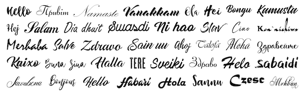 Vektor kalligraphischer text hallo in anderer sprache hallo textsammlung