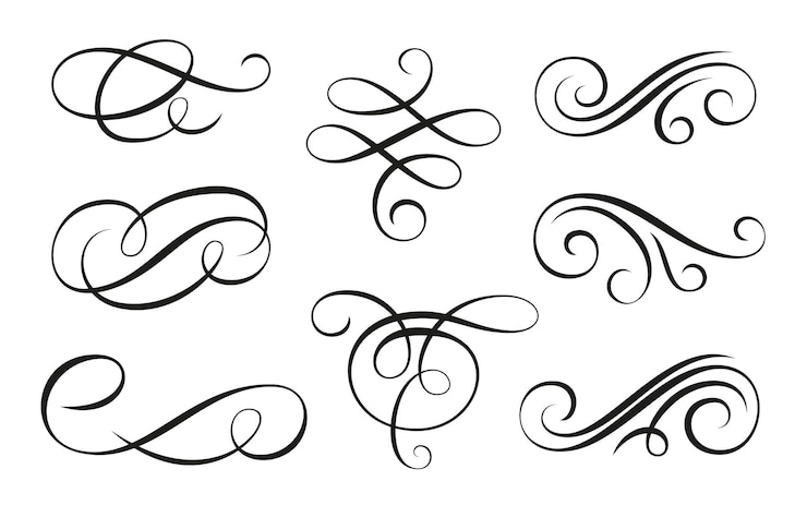 Vektor kalligraphisches strudelornament live-line-schnörkelset filigrane zierlocken dekorative gestaltungselemente für menüvignette zertifikat diplom hochzeitskarte invatation umriss textteiler