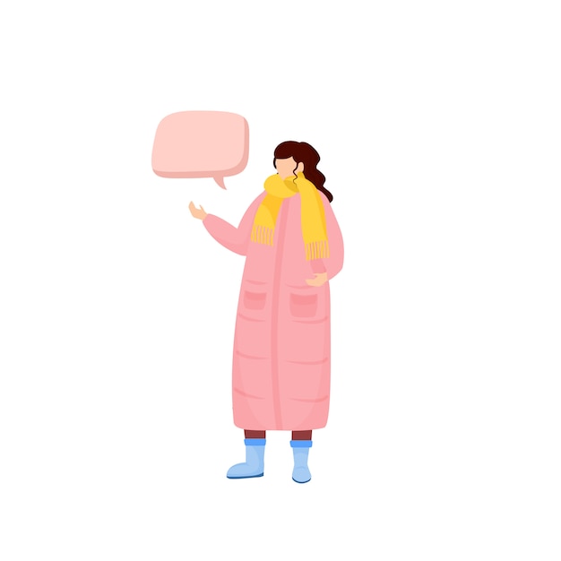 Kaltwetter outfit farbe gesichtslosen charakter. frau im wintermantel mit schal. person mit sprechblasen-cartoonillustration für webgrafik und animation