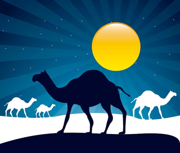 Kamele über nacht hintergrund vektor-illustration