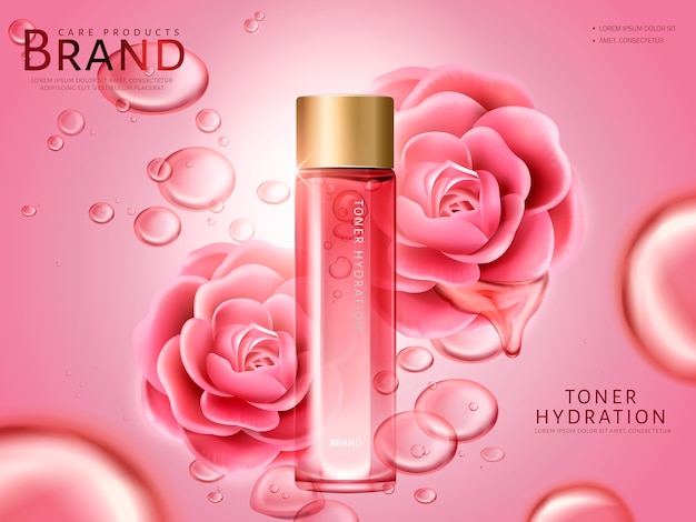 Kamelien feuchtigkeitsspendender toner in einer flasche enthalten, mit rosa kamelienblüten, rosa hintergrund