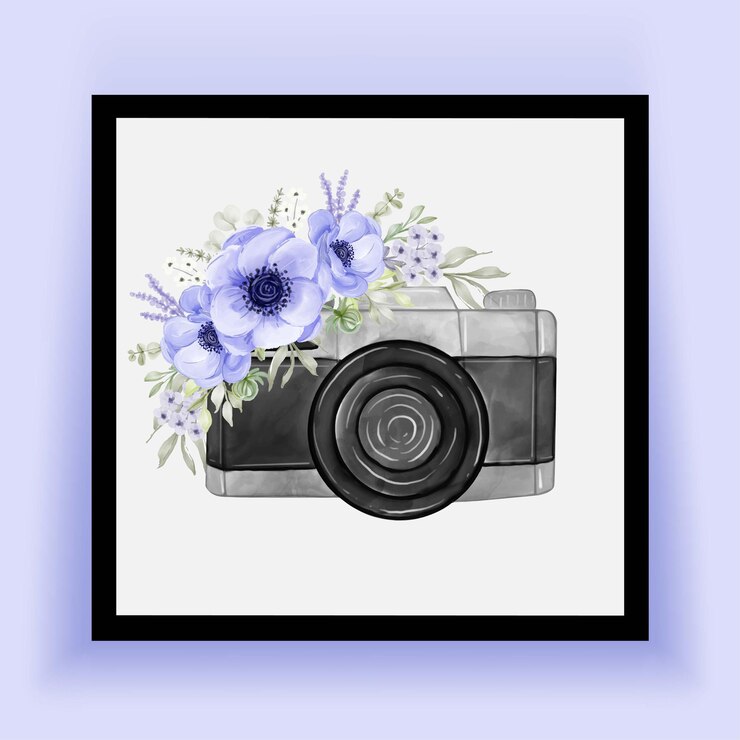 Vektor kamera-aquarell mit eleganten lila anemonenblumen