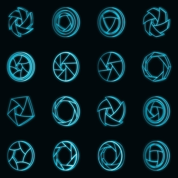 Vektor kamerablenden-set-icons im neon-stil einzeln auf schwarzem hintergrund